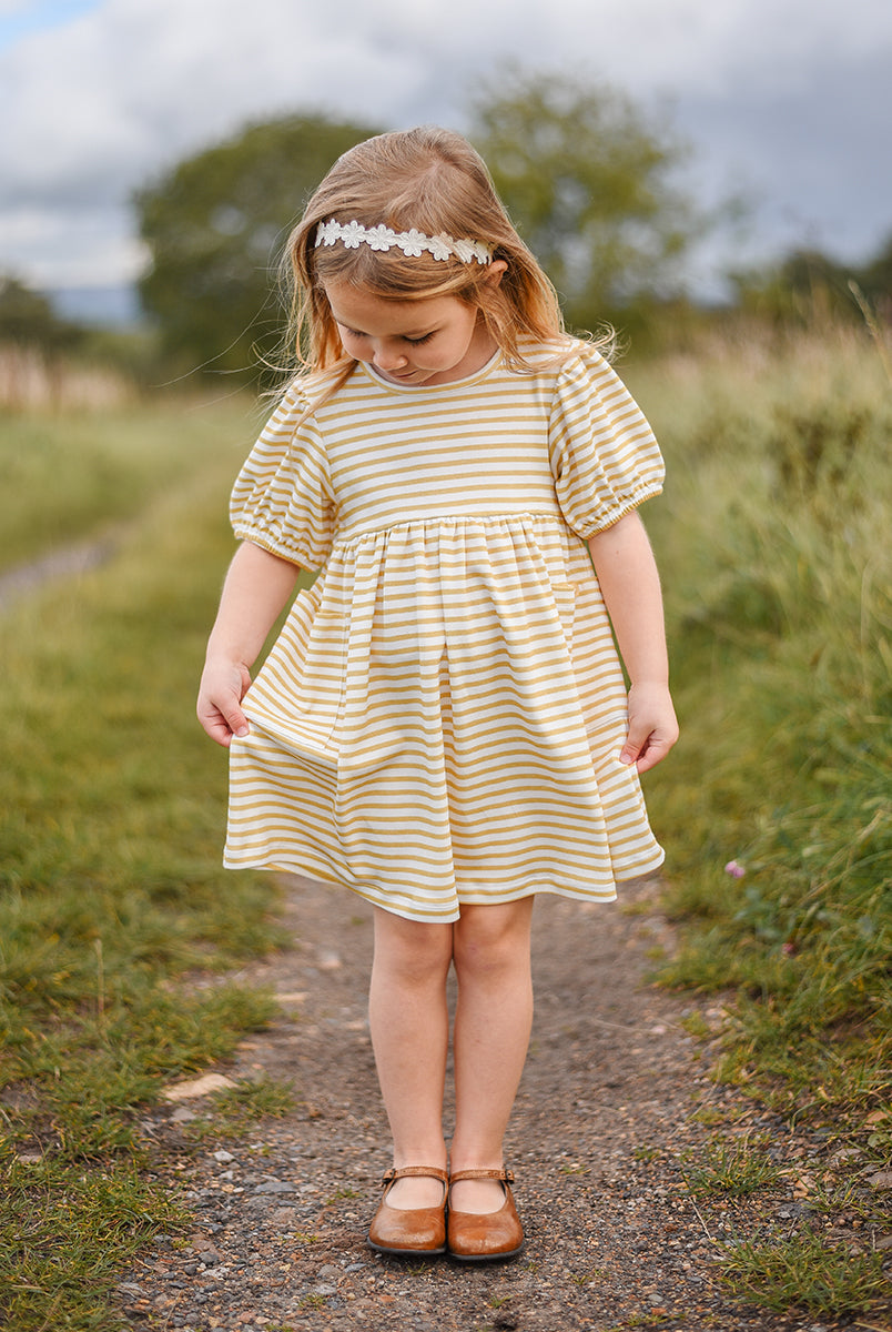 Phoebe Cotton Jersey Dress,Yellow Stripes – Happyology