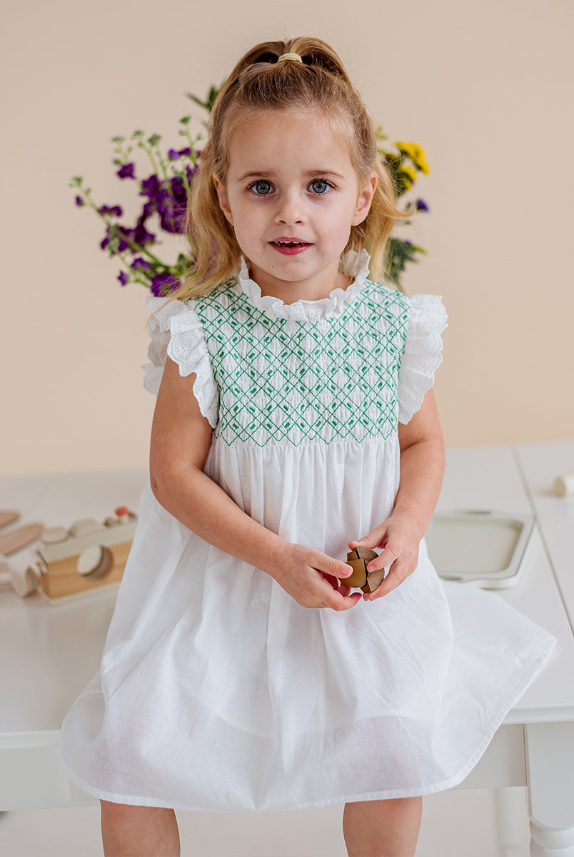 Laureola Smocking Dress, Ivory White – Happyology
